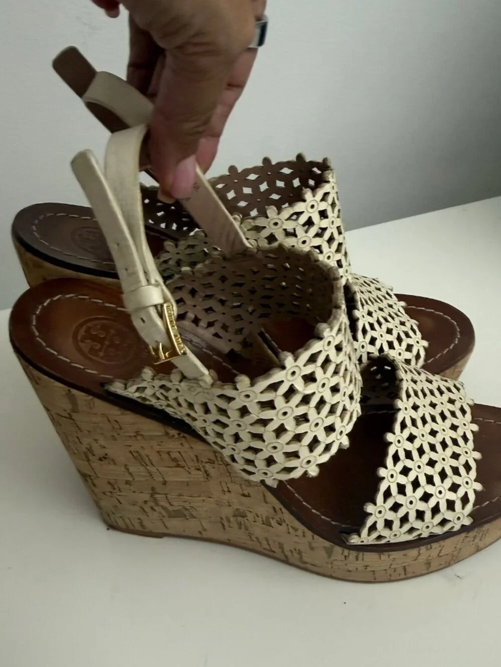 Tory Burch Daisy Floral Perforated Cork Wedge Sandals, Size 8.5